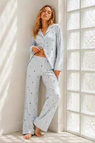 Kadın Regular Bürümcük Mavi Pijama Takımı - 5
