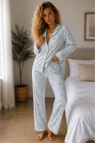 Kadın Örme Gömlek Yaka Mavi Pijama Takımı - 6