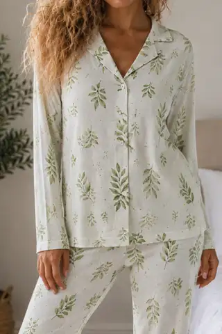 Kadın Örme Gömlek Yaka Çağla Yeşili Pijama Takımı - 3