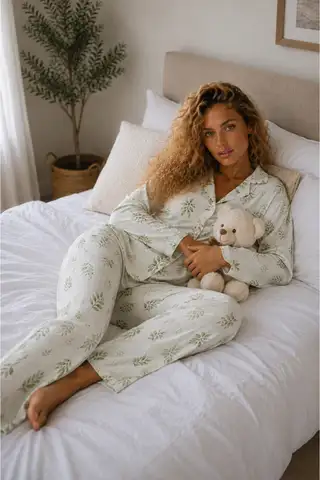 Kadın Örme Gömlek Yaka Çağla Yeşili Pijama Takımı - 5