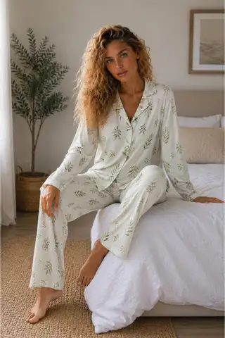 Kadın Örme Gömlek Yaka Çağla Yeşili Pijama Takımı - 6