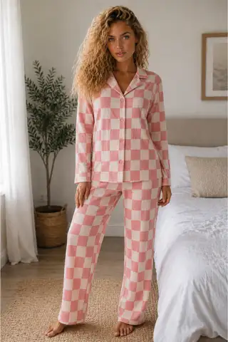 Kadın Örme Gömlek Yaka Pembe Pijama Takımı - 1