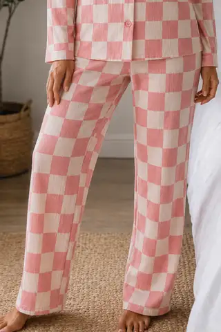 Kadın Örme Gömlek Yaka Pembe Pijama Takımı - 4