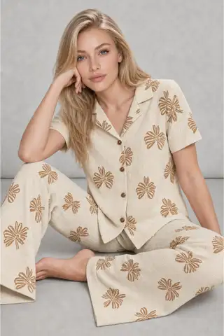 Kadın Kısa Kol Desenli Ekru Pijama Takımı 4739 - 2