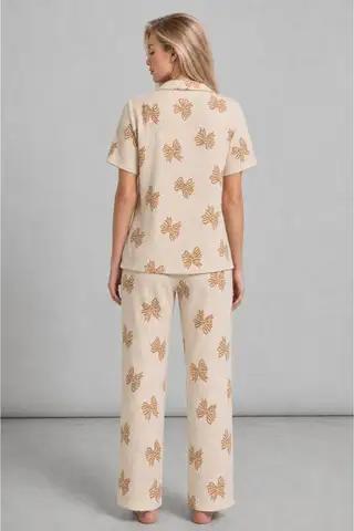 Kadın Kısa Kol Desenli Ekru Pijama Takımı 4739 - 3