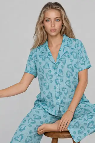 Kadın Kısa Kol Desenli Mint Yeşili Pijama Takımı 4740 - 2