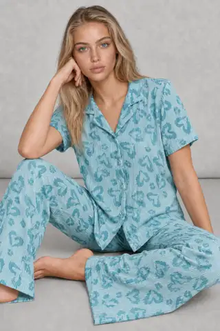 Kadın Kısa Kol Desenli Mint Yeşili Pijama Takımı 4740 - 3