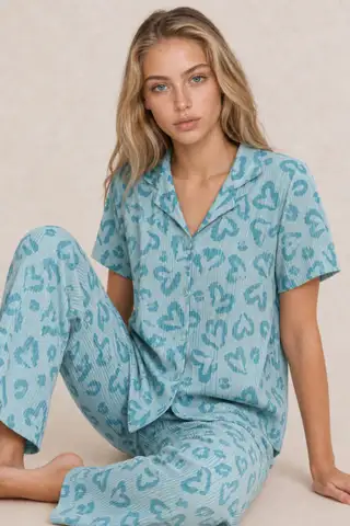 Kadın Kısa Kol Desenli Mint Yeşili Pijama Takımı 4740 - 4
