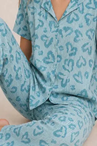 Kadın Kısa Kol Desenli Mint Yeşili Pijama Takımı 4740 - 6