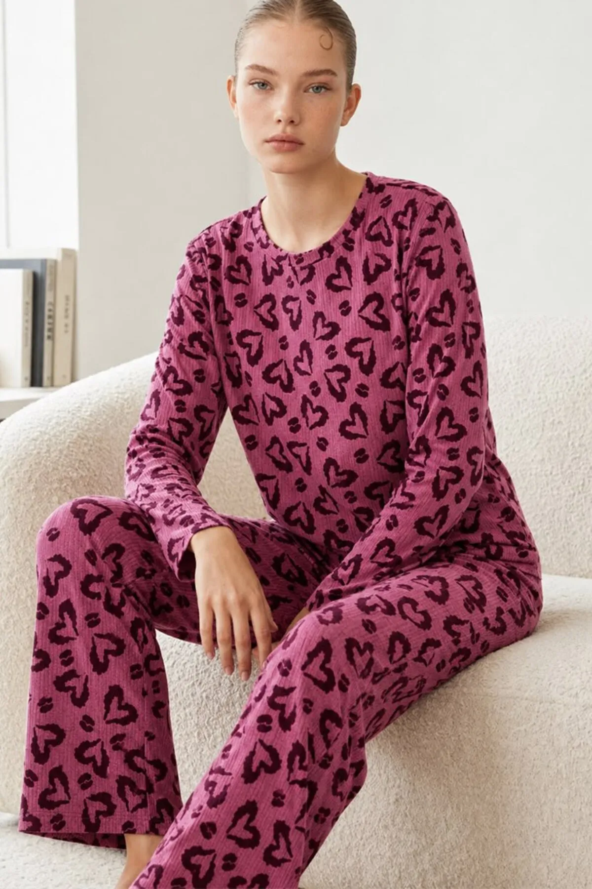 Kadın Çizgili Regular Fit Lila Pijama Takımı 4764
