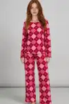 Kadın Çizgili Regular Fit Kırmızı Pijama Takımı 4766 - Görsel 3