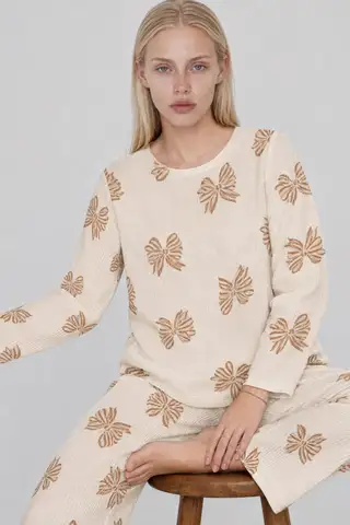 Kadın Desenli Uzun Kollu Krem Pijama Takımı 4762 - 1