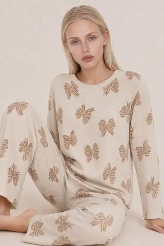 Kadın Desenli Uzun Kollu Krem Pijama Takımı 4762 - 3
