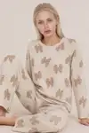 Kadın Desenli Uzun Kollu Krem Pijama Takımı 4762 - Görsel 3