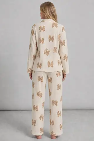 Kadın Desenli Uzun Kollu Krem Pijama Takımı 4762 - 4