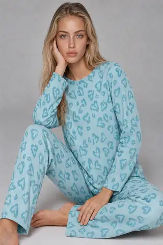 Kadın Desenli Uzun Kollu Mint Yeşili Pijama Takımı 4760 - 1