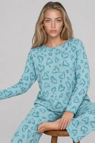 Kadın Desenli Uzun Kollu Mint Yeşili Pijama Takımı 4760 - 2