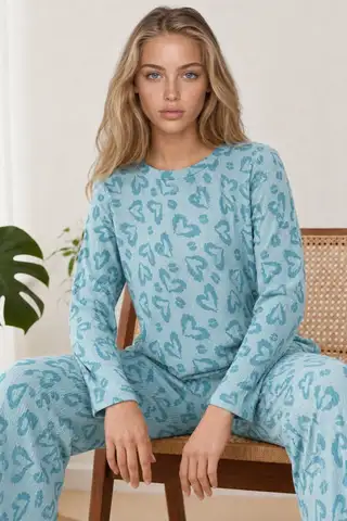 Kadın Desenli Uzun Kollu Mint Yeşili Pijama Takımı 4760 - 5