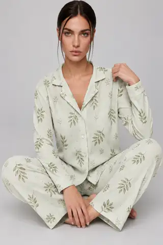 Kadın Uzun Kol Rahat Yeşil Pijama Takımı 4767 - 2