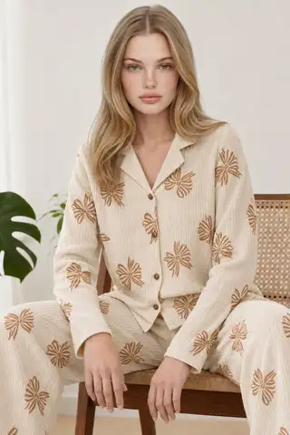 Kadın Uzun Kol Rahat Krem Pijama Takımı 4759 - 3