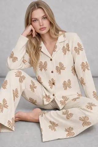 Kadın Uzun Kol Rahat Krem Pijama Takımı 4759 - 4