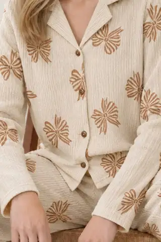 Kadın Uzun Kol Rahat Krem Pijama Takımı 4759 - 6