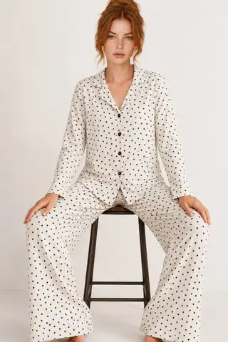 Kadın Uzun Kol Rahat Beyaz Pijama Takımı 4758 - 2