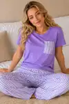 Lila Çizgili Cepli Kısa Kollu Pijama Takımı 4651-Lila - Görsel 3