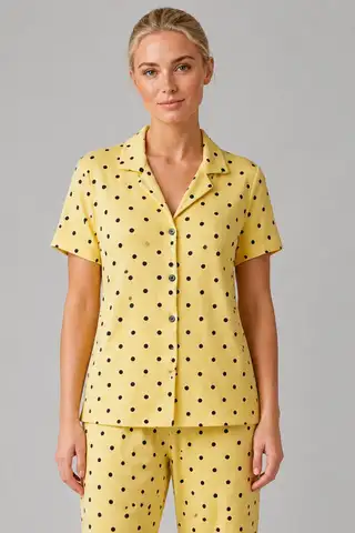 Sarı Puantiyeli Düğmeli Pijama Takımı 4642-Sarı - 4