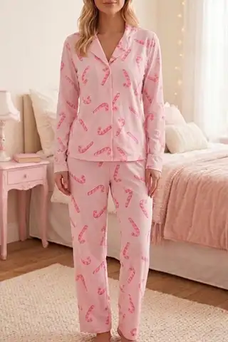 Baston Şeker Desenli Uzun Kollu Pijama Takımı 4601 -Pembe - 2