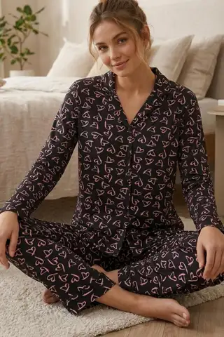 Pembe Kalp Desenli Uzun Kollu Pijama Takımı 4602 -Siyah - 1