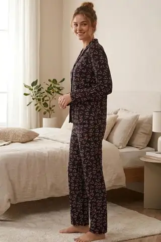 Pembe Kalp Desenli Uzun Kollu Pijama Takımı 4602 -Siyah - 3