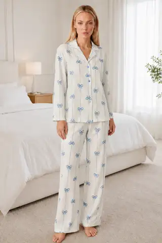 Kadın Desenli Relaxed Beyaz Pijama Takımı 4661 - 1