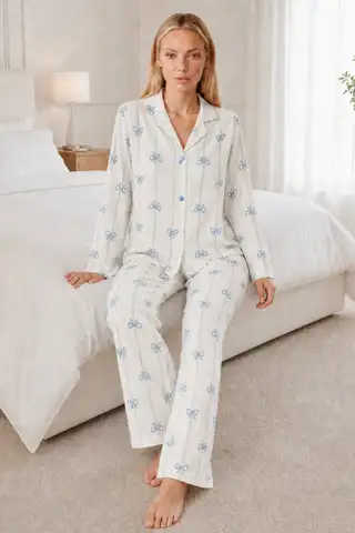 Kadın Desenli Relaxed Beyaz Pijama Takımı 4661 - 2