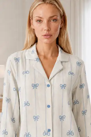 Kadın Desenli Relaxed Beyaz Pijama Takımı 4661 - 3