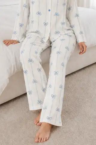 Kadın Desenli Relaxed Beyaz Pijama Takımı 4661 - 5