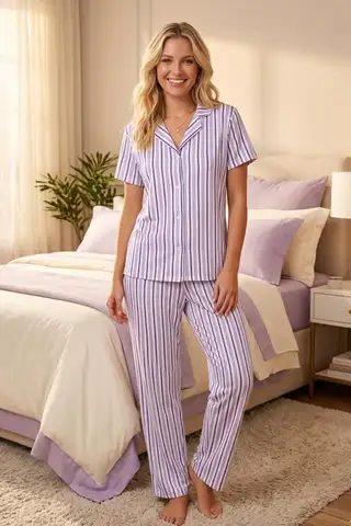 Lila-Beyaz Çizgili Gömlek Yaka Pijama Takımı 4629-Lila Kadın Kısa Kollu Düğmeli Uzun Alt Pijama Takımı - 1