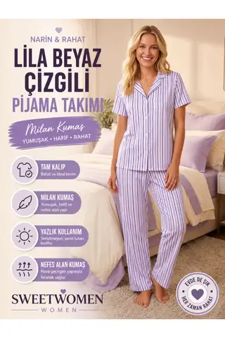 Lila-Beyaz Çizgili Gömlek Yaka Pijama Takımı 4629-Lila Kadın Kısa Kollu Düğmeli Uzun Alt Pijama Takımı - 2