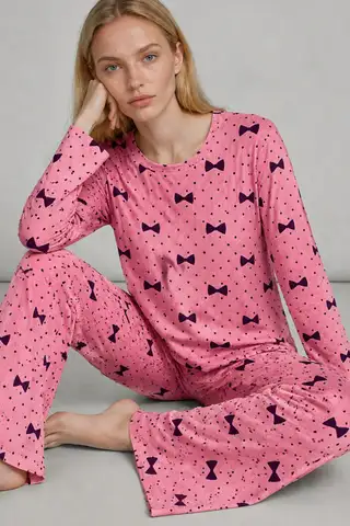 Kadın Desenli Nefes Alan Pembe Pijama Takımı 4694 - 2