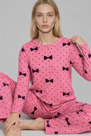 Kadın Desenli Nefes Alan Pembe Pijama Takımı 4694 - 4