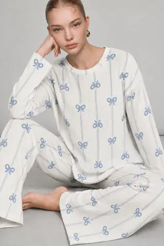 Kadın Desenli Nefes Alan Ekru Pijama Takımı 4690 - 1