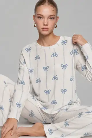 Kadın Desenli Nefes Alan Ekru Pijama Takımı 4690 - 2