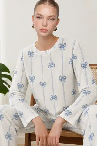 Kadın Desenli Nefes Alan Ekru Pijama Takımı 4690 - 3