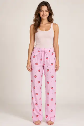 Kadın Çizgili Bluz Desenli Askılı Pembe Pijama Takımı - 1
