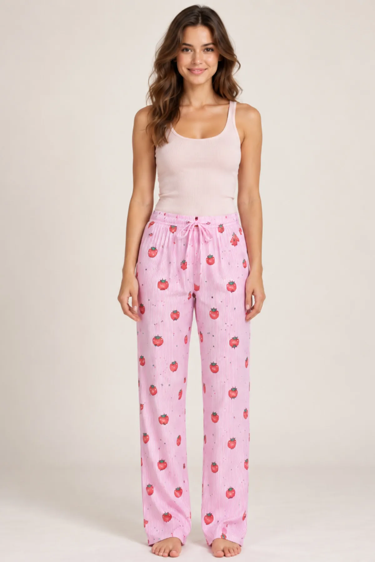 Kadın Çizgili Bluz Desenli Askılı Pembe Pijama Takımı
