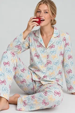 Kadın Kurdela Desenli Bol Renkli Pijama Takımı 4798 Çok Renkli - 4