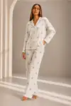 Kadın Önden Düğmeli Uzun Kollu Alt Üst Beyaz Pijama Takımı - Görsel 1