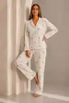 Kadın Önden Düğmeli Uzun Kollu Alt Üst Beyaz Pijama Takımı - Görsel 5