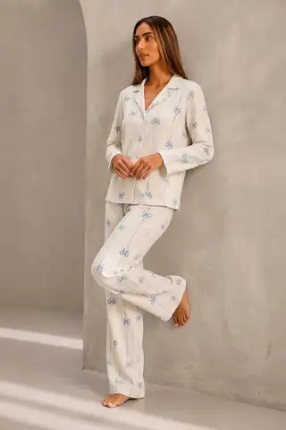 Kadın Önden Düğmeli Uzun Kollu Alt Üst Beyaz Pijama Takımı - 6