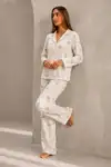 Kadın Önden Düğmeli Uzun Kollu Alt Üst Beyaz Pijama Takımı - Görsel 6